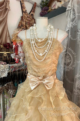 Vintage Ball Gown Spaghetti Straps Sleeveless Long Gold Evening Dress Semi Formal Prom Dresses